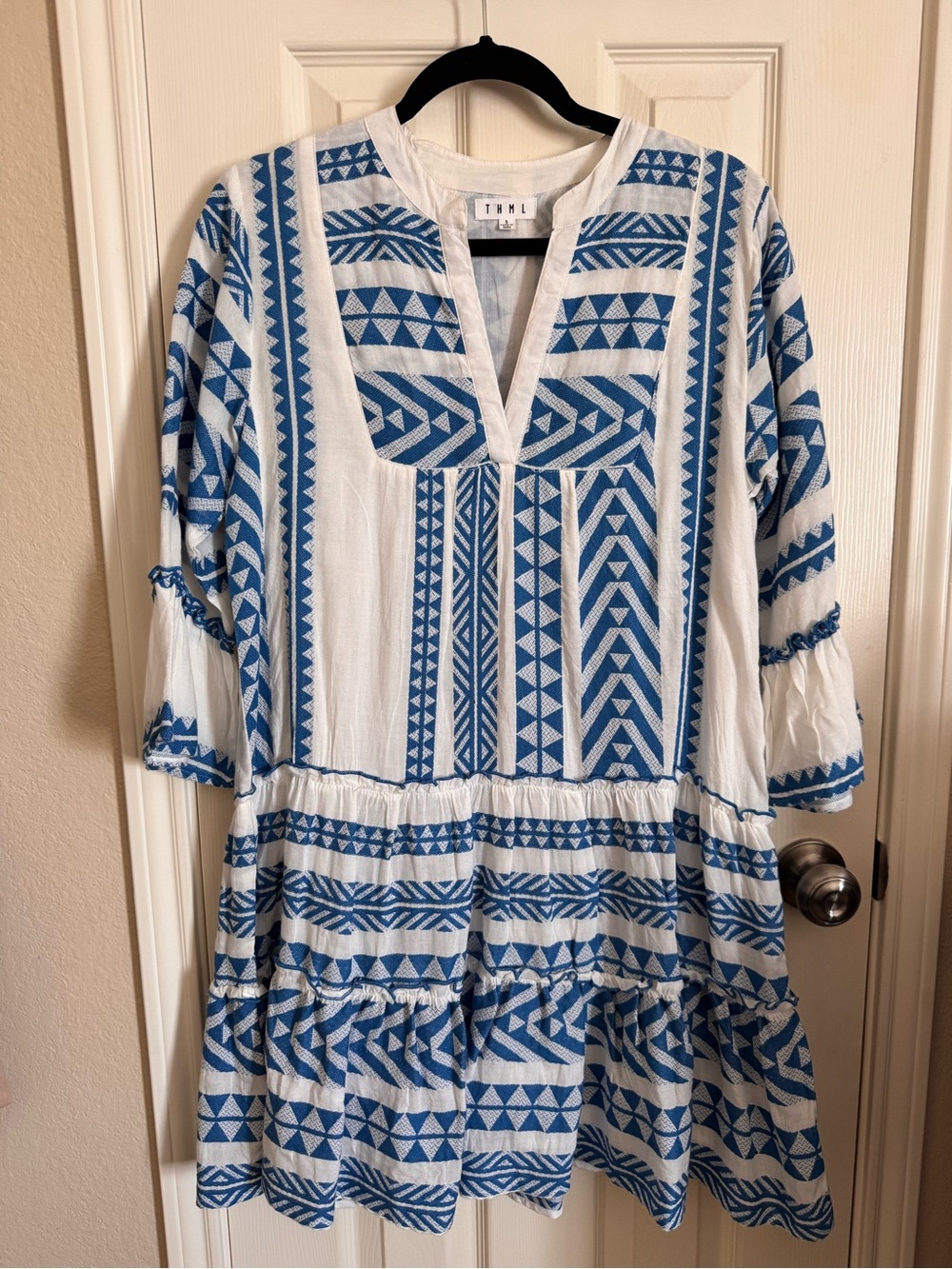 THML White & Blue Geo-Embroidered Tiered Mini Dress